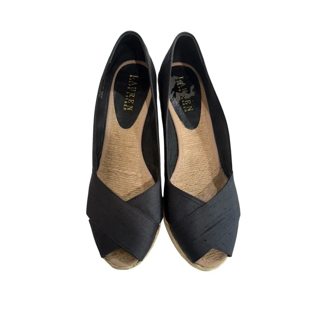 Lauren Ralph‎ Lauren Cecilia Espadrille Wedges Black Shantung Size 7.5 Women's